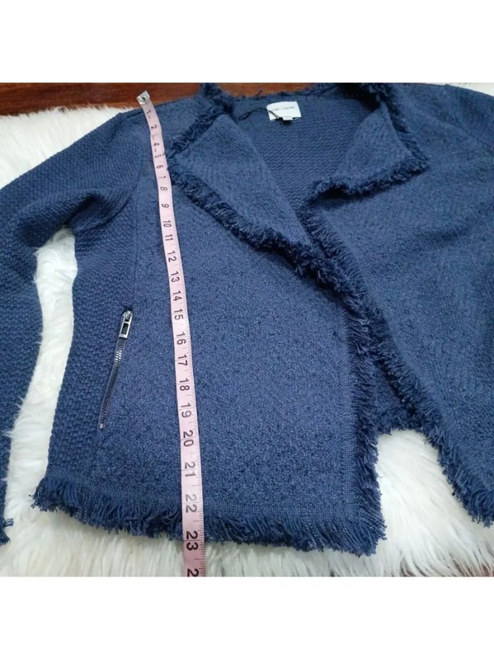 Nic + Zoe Fringe Knit Jacket L Blue Open Front Fringe Boho Cardigan - Picture 10 of 12